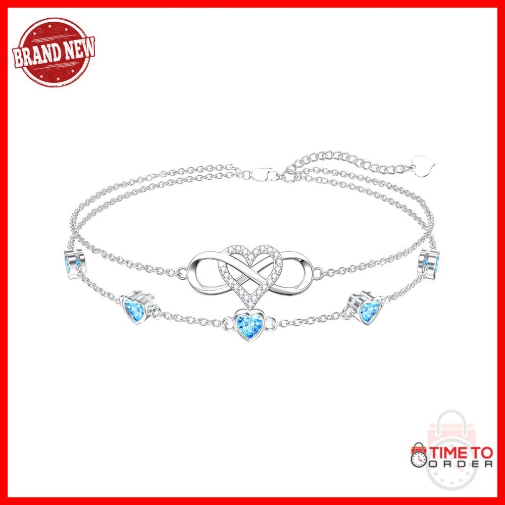 Sterling Silver Infinity Heart Birthstone Anklet Bracelet Adjustable Elegant